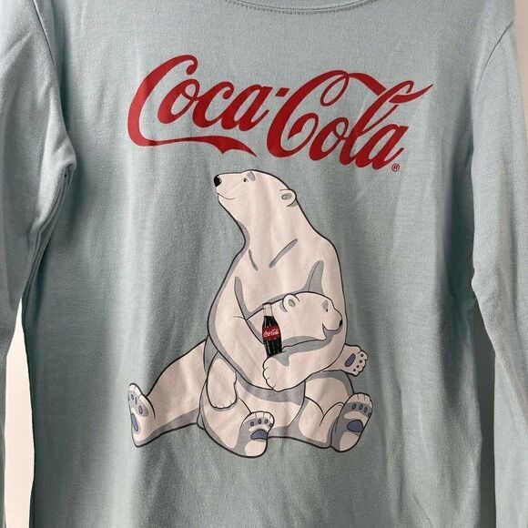 Coca Cola Polar Bears Long Sleeve Christmas Top Womens Size S Light Blue Holiday - Picture 2 of 5